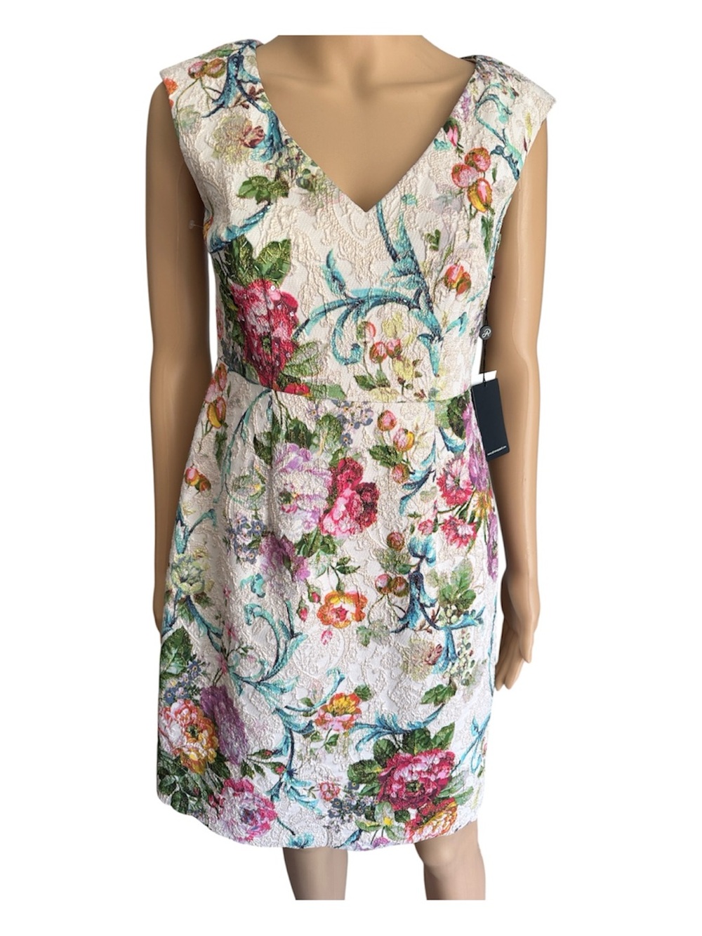 NWT Adrianna Pappell Floral V-Neck A Line Dress with beading and sequins in 4P